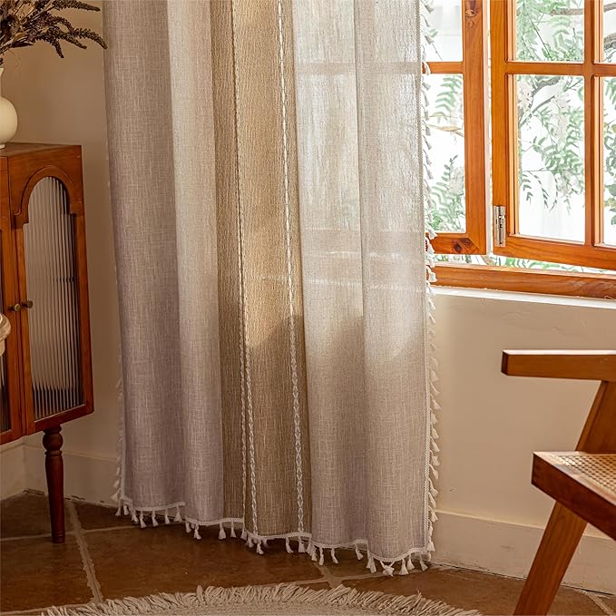 Sutuo Home Boho Curtains 90 inches for Living Room Bedroom,Bohemian Vintage Chic Tassels Drape Light Filtering Farmhouse Privacy Decor Window Treatment, Rod Pocket 1 Panel 52" W x 90" L, Khaki Linen