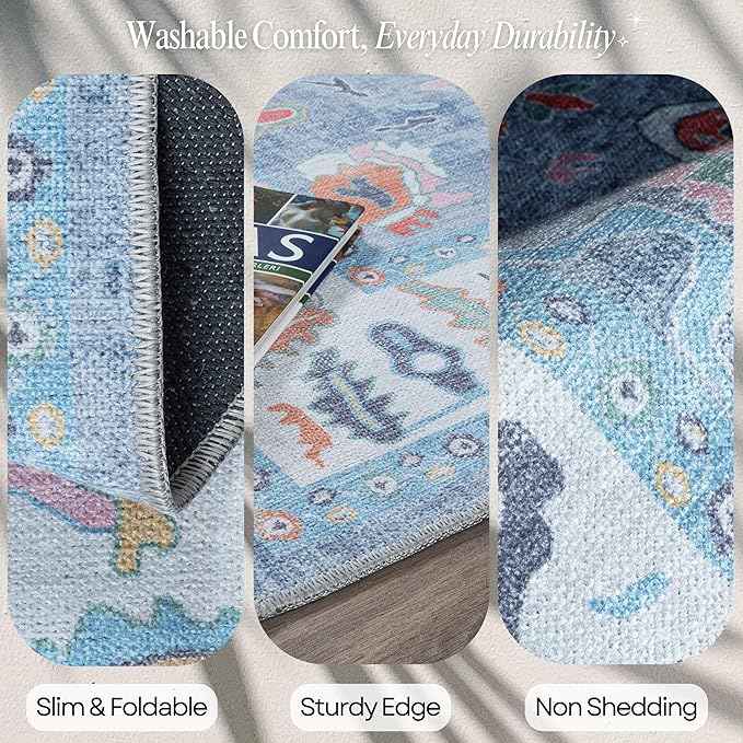 Fame Rugs Blue Modern Oushak Rug 5x7, Washable Vintage Turkish Colorful Oriental Antique Inspired Area Rugs, Luxury Living Room Bedroom (381LB, 5' x 7')