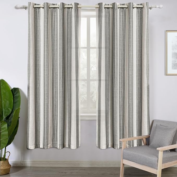 DriftAway Farmhouse Vertical Striped Linen Blend Textured Light Filtering Semi Sheer Curtains for Living Room Bedroom 63 Inches Long Drapes 2 Panels Broad Striped Gray