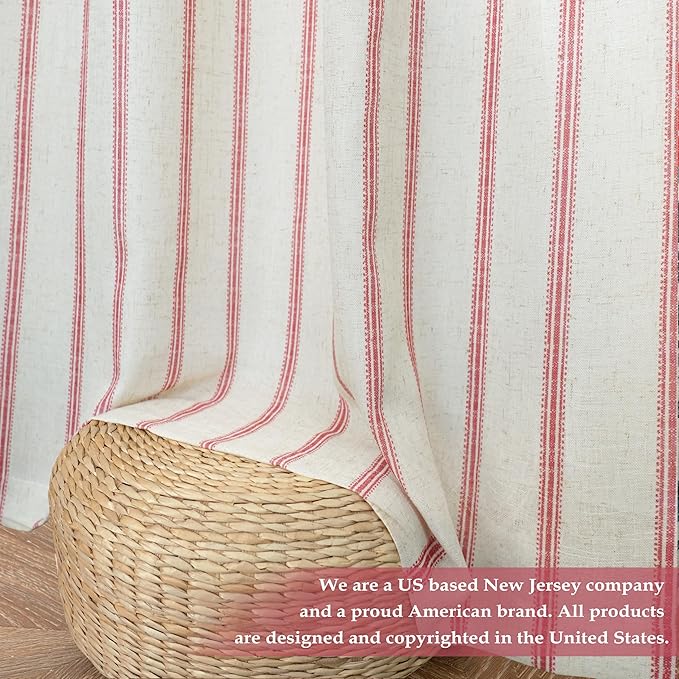DriftAway Farmhouse Vertical Striped Linen Blend Textured Light Filtering Semi Sheer Curtains for Living Room Bedroom 108 Inches Long Drapes 2 Panels Linen Red