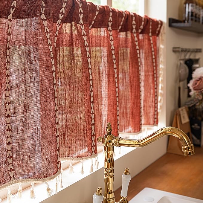 Sutuo Home Boho Short Curtains Valance for Cafe Doorway Closet, Light Filtering Linen French Country Shabby Window Treatment Bohemian Embroidery Drape, Rod Pocket 1 Panel 52" W x 36" L, Terracotta
