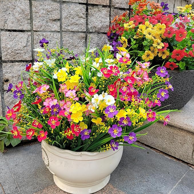 12 Bundles Artificial Flowers Faux Plants Spring Decoration Plastic Plants UV Resistant Shrubs for Home Indoor Outside Garden Window Porch Pots Decoration (Multicolor)