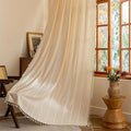 Sutuo Home Boho Curtains for Living Room, Semi Blackout Linen Farmhouse Shabby Chic Tassels Window Treatment Bohemian Embroidery Drape for Halloween Decor, Rod Pocket 1 Panel 52" W x 90" L, Champagne