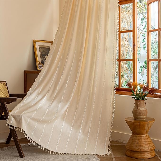 Sutuo Home Champagne Boho Curtains for Bedroom Living Room,Light filtering Linen Farmhouse Vintage Shabby Chic with Tassels Window Treatment Bohemian Embroidery Drape, Rod Pocket 1 Panel 52" W x 96" L