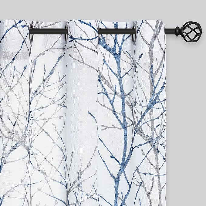 FMFUNCTEX Linen Semi Sheer Curtains for Bedroom, Blue White Curtains 54 Inches Long for Living Room, Grey Tree Branch Patterned Curtain Light Filtering Kitchen Window Drapes, Grommet Top 2 Panels