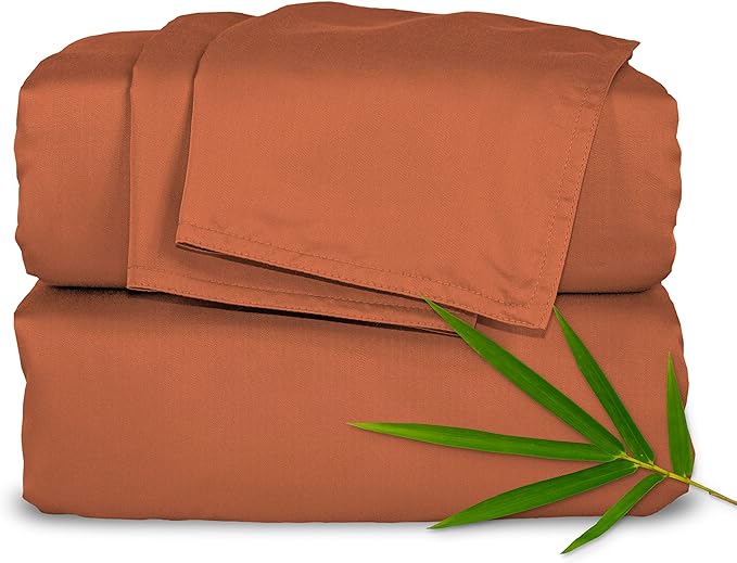Pure Bamboo Queen Sheets, Genuine 100% Organic Viscose Derived from Bamboo Bed Sheet Set, Luxuriously Soft & Cooling, Double Stitching, 2 Year Quality Promise (Queen, Terracotta)