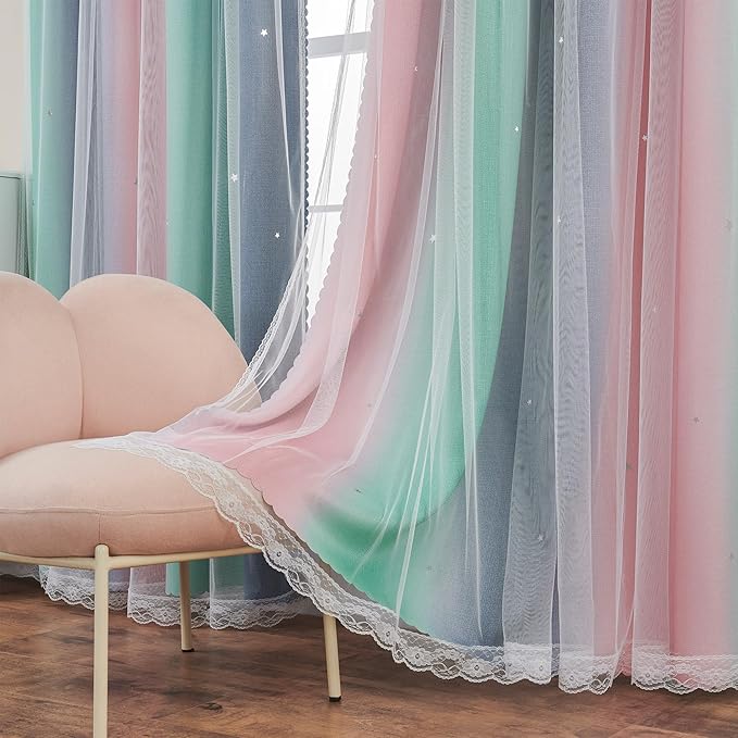 XiDi Curtains for Bedroom Decor, Rainbow Pinkgreen grey52/96