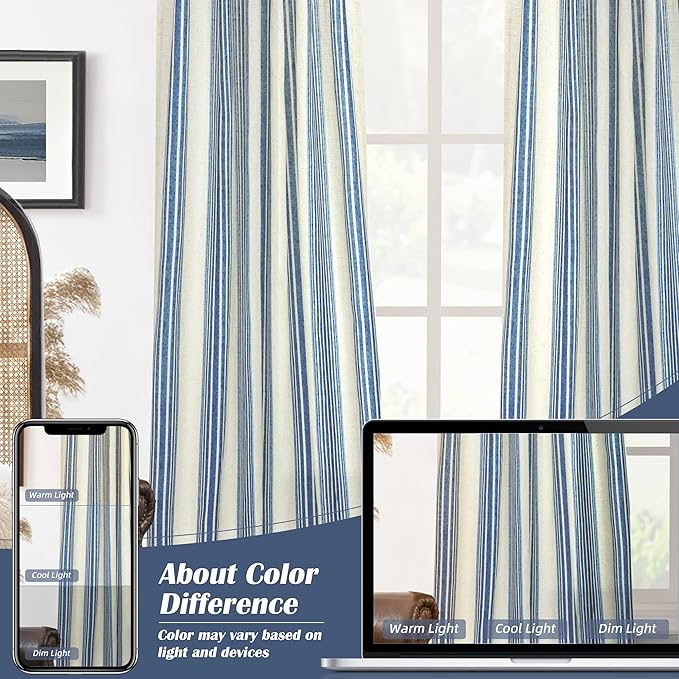 DriftAway Farmhouse Vertical Striped Linen Blend Textured Light Filtering Semi Sheer Curtains for Living Room Bedroom 63 Inches Long Drapes 2 Panels Broad Striped Linen Jean Navy