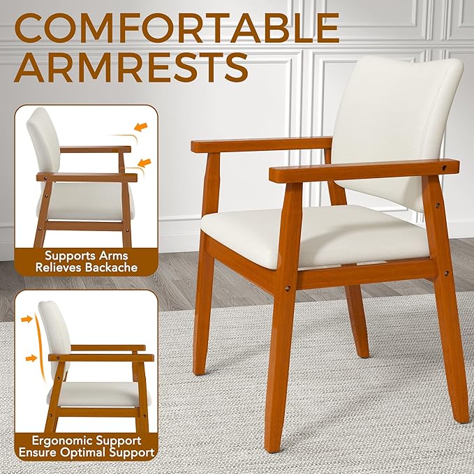 thksbought Mid Century Modern Walnut Dining Chairs Wood Arm Beige Fabric Kitchen Cafe Living Room Decor Furniture