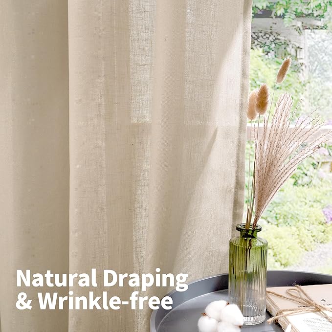 YoungsTex Short Linen Sheer Curtains 63 Inch Length for Window Natural Textured Drapes Light Filtering for Bedroom Living Room Lightweight Grommet, Light Tan, 2 Panels, 42 X 63 Inch