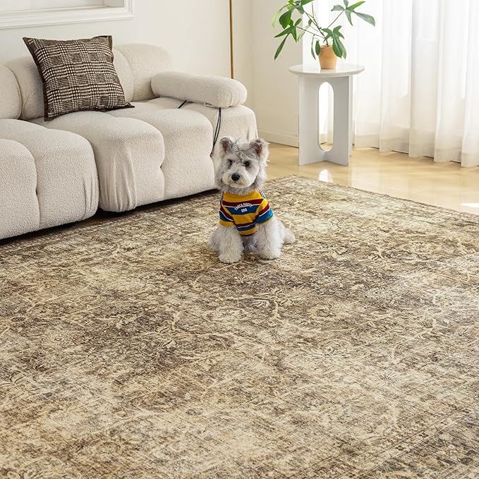 Fmfunctex 2x6 Runner Rug Brown Vintage Neutral Washable Distressed Non Slip Low Pile Indoor Carpet Soft Retro Floral Hallway Entryway Rug for Kitchen Living Room Bedroom Bathroom Laundry Entry Bedside