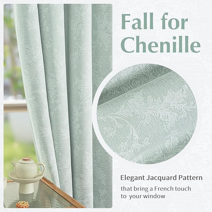 FMFUNCTEX Sage Green Floral Jacquard Blackout Curtains 96 Inches Long for Bedroom, Scroll Flower Chenille Farmhouse Curtain for Living Room Darkening Thermal Insulated Grommet Window Drapes 2 Panels