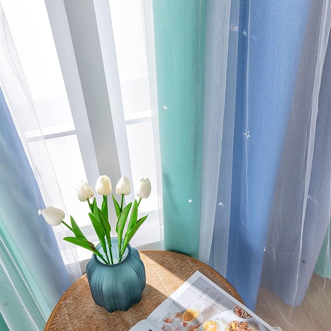 XiDi Dream Star Blackout Curtains for Kids Rooms Boys Green Curtain for Bedroom Window Blue Grey, W52 X L63