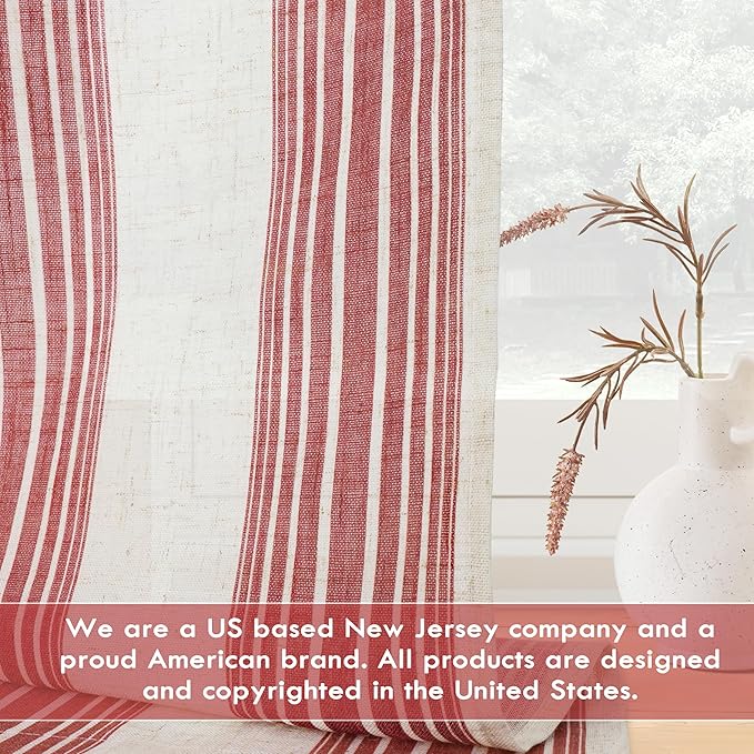 DriftAway Farmhouse Vertical Striped Linen Blend Textured Light Filtering Semi Sheer Curtains for Living Room Bedroom 54 Inches Long Drapes 2 Panels Broad Striped Linen Red
