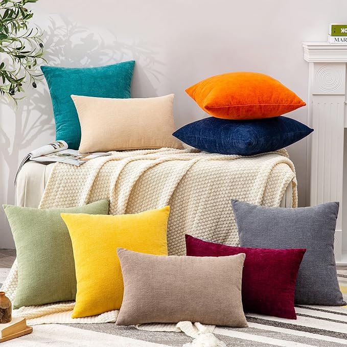 GAWAMAY Decorative Square Throw Pillow Covers 22"x22" Inch Set of 2, Super Soft Chenille Pillows Farmhouse Fall Pillowcase for Living Room Bedroom Sofa Couch Cushion Cover Mustard Yellow 55x55cm