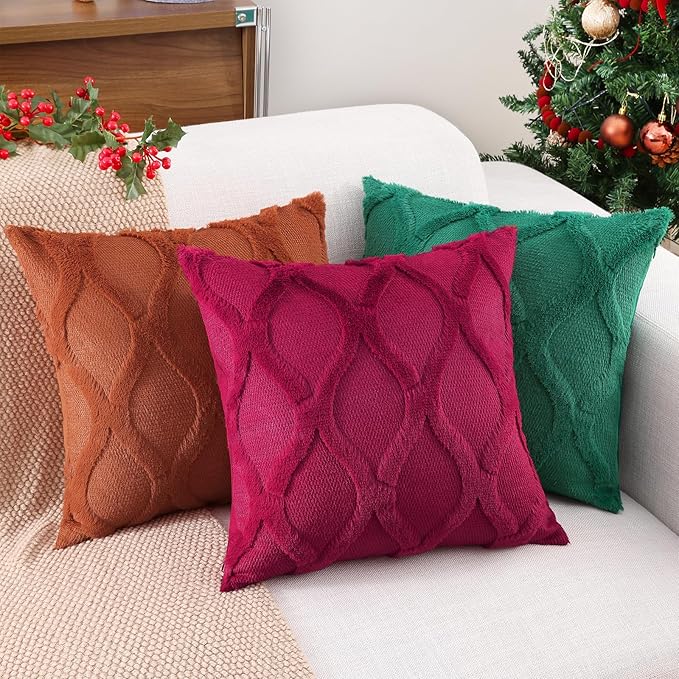 decorUhome Spring Throw Pillow Covers 18x18 Inch Set of 2, Soft Plush Faux Fur Wool Burgundy Couch Pillow Covers, Decorative Neutral Pillow Cases for Bed Sofa Living Room Home Decor