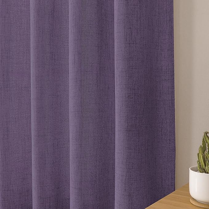 Tollpiz Linen Curtain Bedroom Rod Pocket Semi Sheer Curtains Burlap Light Filtering Thick Linen Drape for Living Room, 38 x 84 inches Long, Royal Purple, Set of 2 Panels
