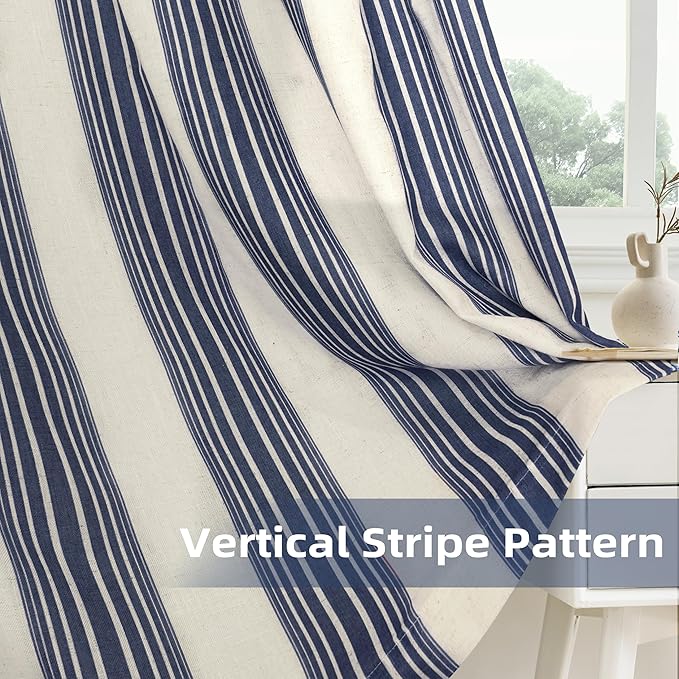 DriftAway Farmhouse Vertical Striped Linen Blend Textured Light Filtering Semi Sheer Curtains for Living Room Bedroom 72 Inches Long Drapes 2 Panels Broad Striped Dark Navy
