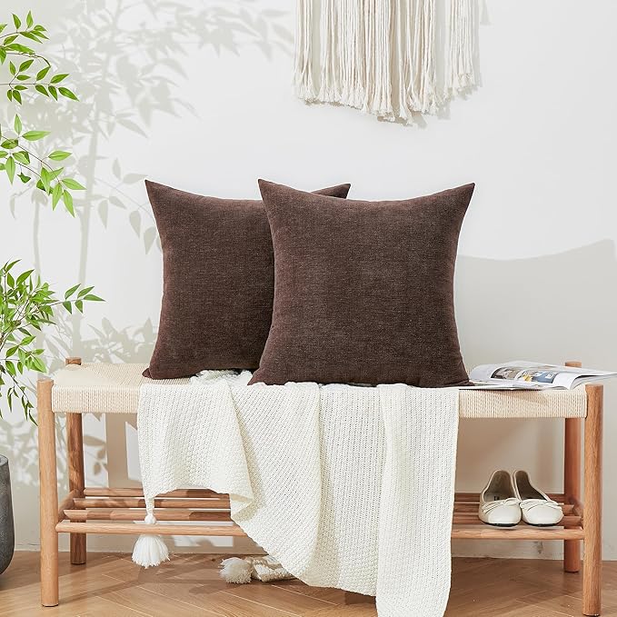 GAWAMAY Decorative Square Throw Pillow Covers 22x22 Inch Set of 2, Super Soft Chenille Pillows Farmhouse Fall Pillowcase for Living Room Bedroom Sofa Couch Cushion Cover Coffee 55x55cm (No Inserts)