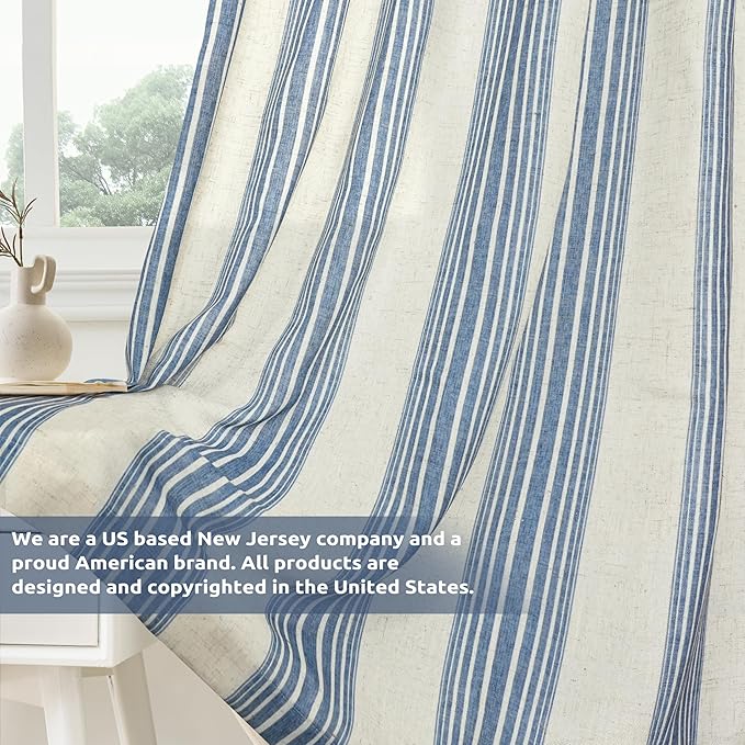 DriftAway Farmhouse Vertical Striped Linen Blend Textured Light Filtering Semi Sheer Curtains for Living Room Bedroom 36 Inches Long Drapes 2 Panels Broad Striped Linen Jean Navy