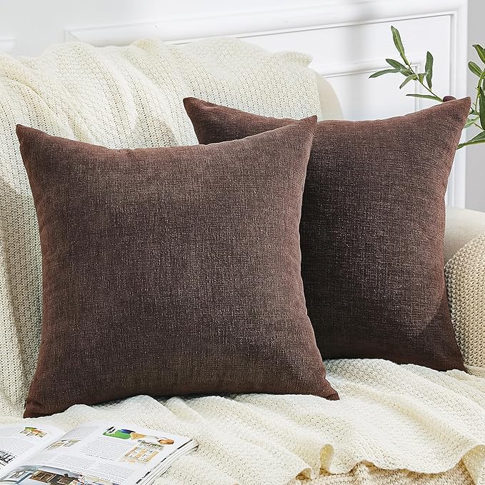 GAWAMAY Decorative Chenille Throw Pillow Covers 24x24 Inch Pack of 2, Soft Square Couch Pillow Cover for Sofa Cushion Living Room Bedroom Solid Dyed Pillowcases Coffee 60x60cm (ONLY Covers)