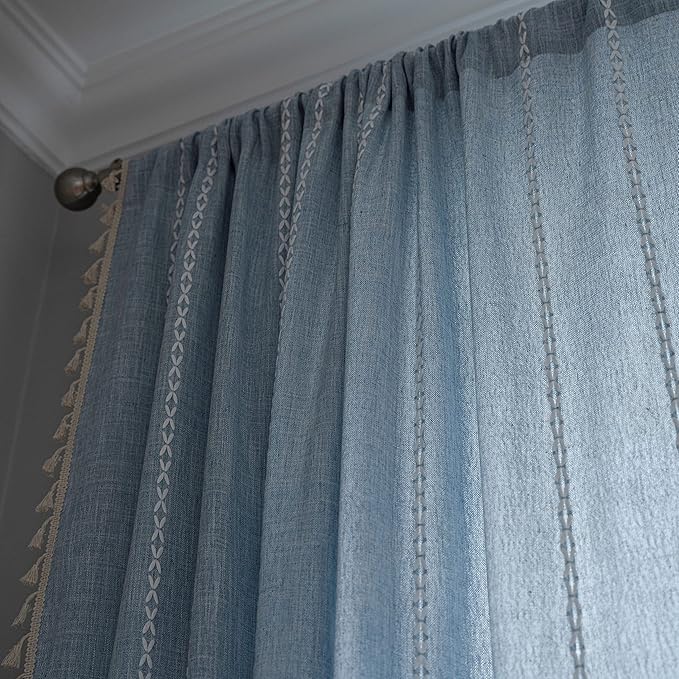 Sutuo Home Boho Curtains 84 Inches for Bedroom Living Room, Light Filtering Farmhouse Vintage Chic Tassels Window Treatment Bohemian Embroidery Drape, Rod Pocket 1 Panel 52" W x 84" L, Blue