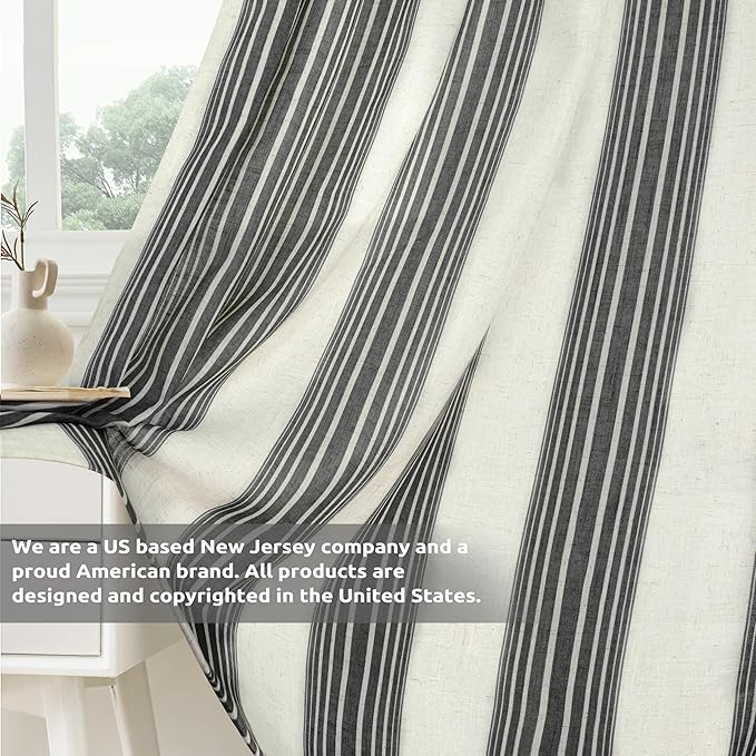 DriftAway Farmhouse Vertical Striped Linen Blend Textured Light Filtering Semi Sheer Curtains for Living Room Bedroom 96 Inches Long Drapes 2 Panels Broad Striped Linen Black