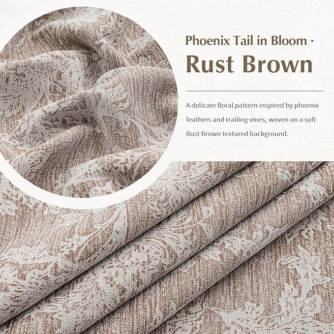 FMFUNCTEX Rust Brown Floral Jacquard Blackout Curtains 63 Inch Length for Bedroom, Scroll Flower Chenille Farmhouse Curtains for Living Room Darkening Thermal Insulated Grommet Window Drapes 2 Panels
