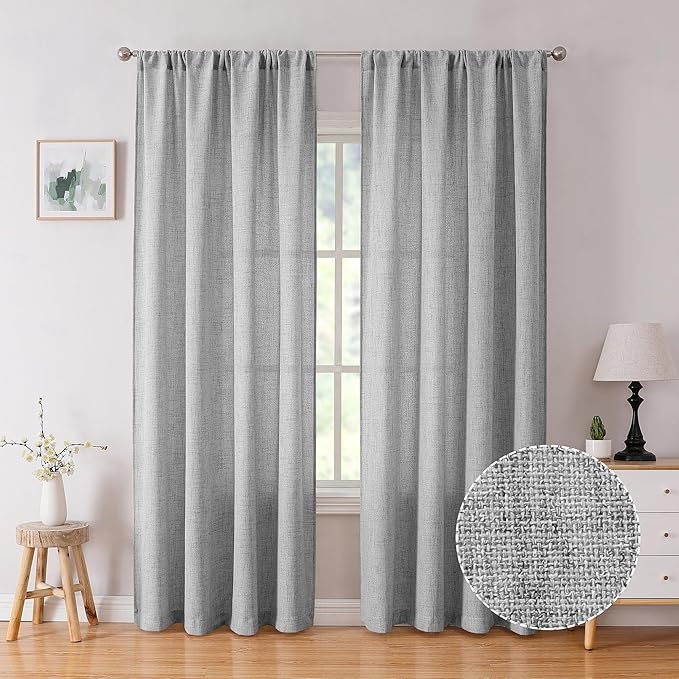 Tollpiz Linen Curtain Living Room Rod Pocket Semi Sheer Curtains Burlap Light Filtering Thick Linen Drape for Bedroom, 54 x 72 inches Long, Silver Grey, Set of 2 Panels