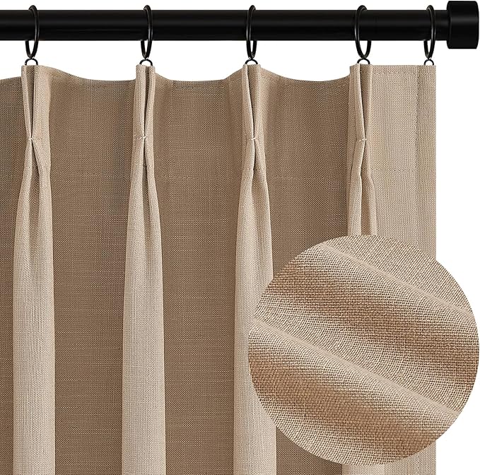 Topfinel 100 Inch Long Black Out Burlap Custom Curtains, Double Pinch Pleated Window Coverings, Nursery Summber Boho Farmhouse Heat Sound Block Back Tab Curtains for Sliding Door Sunroom Bay Window