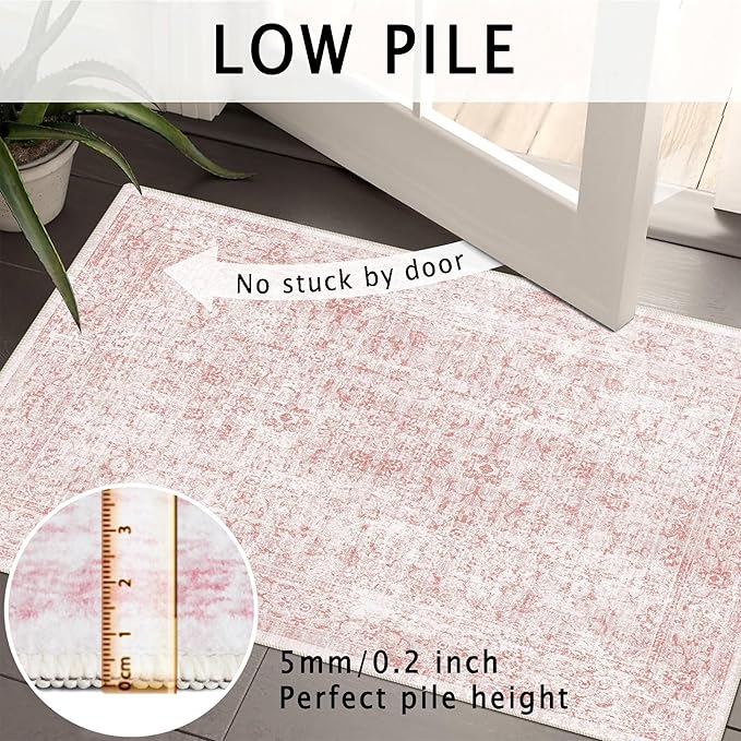 6x9 Area Rug, Ultra-Soft Washable Rug for Living Room, Dinner Room, Bedroom, Non-Slip Vintage Floral Rug, Indoor Carpet Large Area Rug, Pink