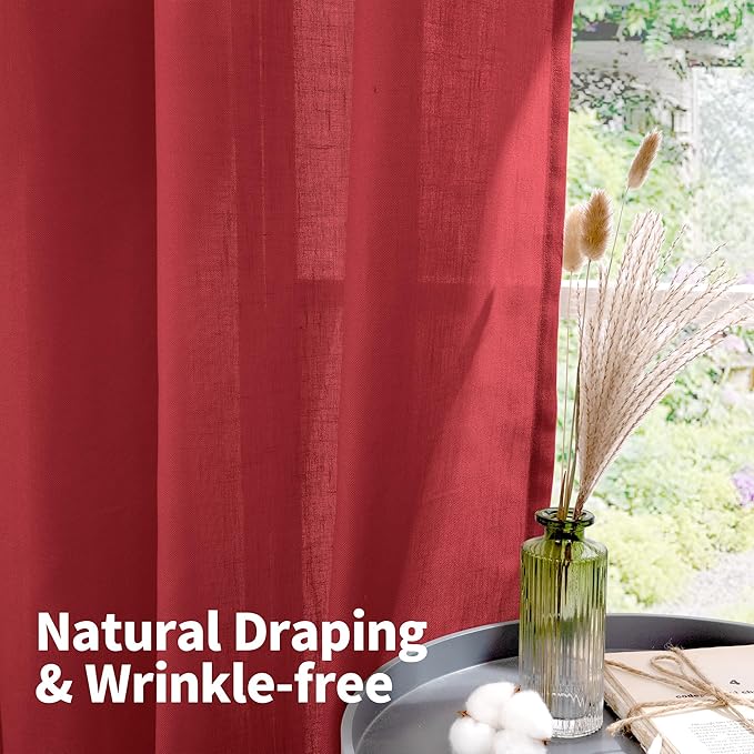 YoungsTex Red Linen Kitchen Curtains 45 Inches Long, Short Light Filtering Drapes with Grommet Semi Sheer Christmas Decor for Bathroom Living Room Window, 2 Panels, 42 X 45 Inch