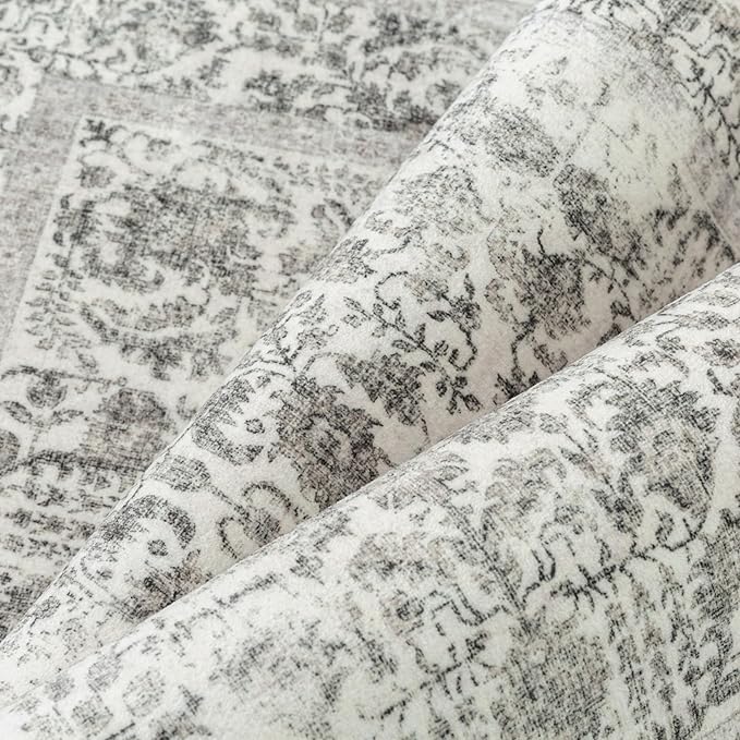 Black Area Rug 5x8 Machine Washable Vintage Living Room Distressed Non Slip Carpet Traditional Indoor Bedroom Retro Floral Accent Throw Large Rug Office Kitchen Bathroom Dining Room