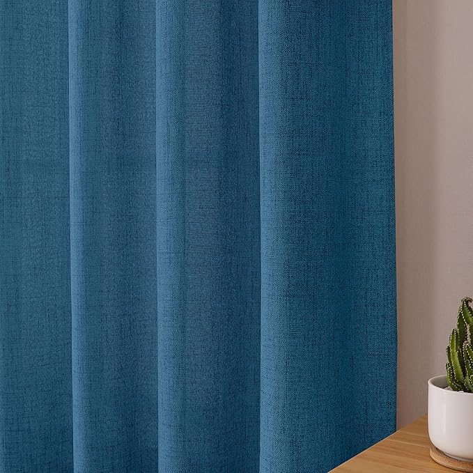 Tollpiz Short Linen Curtain Living Room Rod Pocket Semi Sheer Curtains Burlap Light Filtering Thick Linen Drape for Bedroom, 54 x 45 inches Long, Classic Blue, Set of 2 Panels