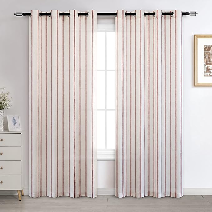 DriftAway Farmhouse Vertical Striped Linen Blend Textured Light Filtering Semi Sheer Curtains for Living Room Bedroom 84 Inches Long Drapes 2 Panels