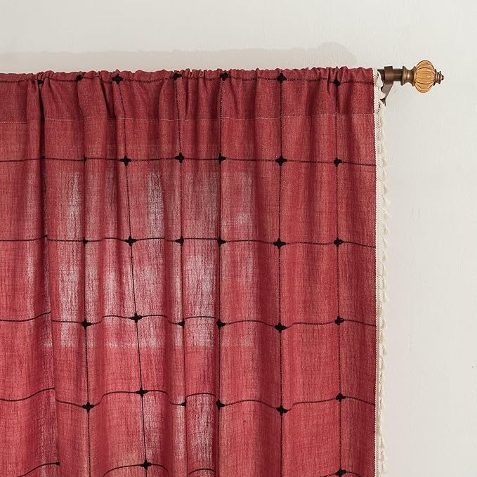 Sutuo Home Boho Curtain for Bedroom 84 Inch Length, Linen Light Filtering Country Farmhouse Vintage Chic Tassels Window Treatment Bohemian Drape for Xmas Decor 1 Panel 52" W x 84" L, Red Plaids