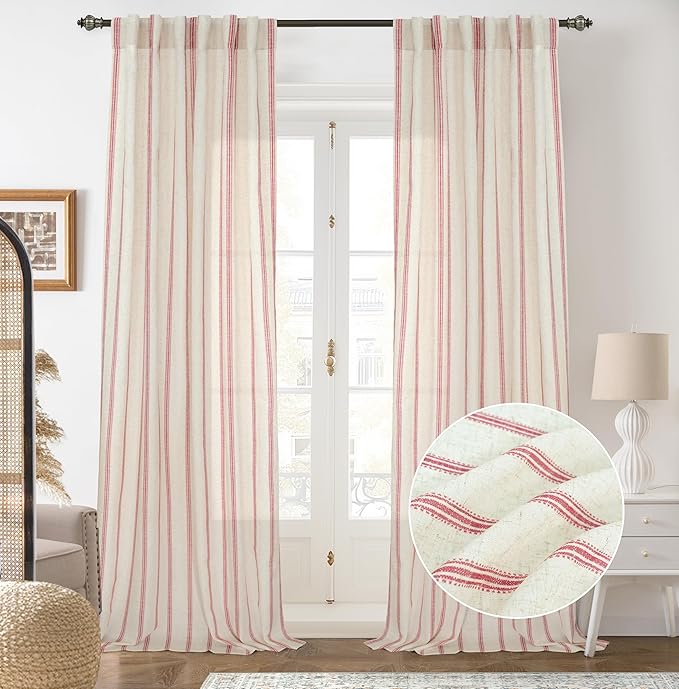 DriftAway Farmhouse Vertical Striped Linen Blend Textured Light Filtering Semi Sheer Curtains for Living Room Bedroom 96 Inches Long Drapes 2 Panels Linen Red