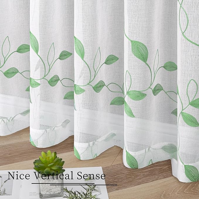 Tollpiz Green Leaf Sheer Curtains Leaves Embroidered Bedroom Short Curtain Rod Pocket Voile Window Treatment for Living Room, 38 x 54 inches Long, Set of 2 Panels