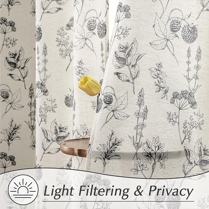 FMFUNCTEX Linen Curtains Floral Patterned Curtain for Bedroom Living Room, Black Curtains 84 Inches Long Farmhouse, Light Filtering Beige Window Curtain Grommet Top 2 Panels Set