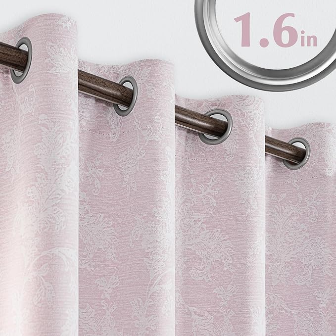 FMFUNCTEX Pink Floral Jacquard Blackout Curtains 72 Inches Long for Girls Bedroom, Scroll Flower Chenille Farmhouse Curtains for Nursery Room Darkening Thermal Insulated Grommet Window Drapes 2 Panels
