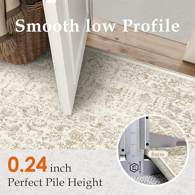 Light Brown Runner Rug 2'6"x8' Washable Carpet for Hallway Kitchen Vintage Distressed Non Slip Indoor Retro Floral Bedroom Accent Throw Long Rug Bathroom Office Laundry Dining Living Room
