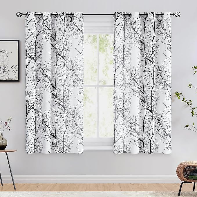FMFUNCTEX Linen Semi Sheer Curtains for Bedroom, Black White Curtains 54 Inches Long for Living Room, Grey Tree Branch Patterned Curtain Light Filtering Kitchen Window Drapes, Grommet Top 2 Panels