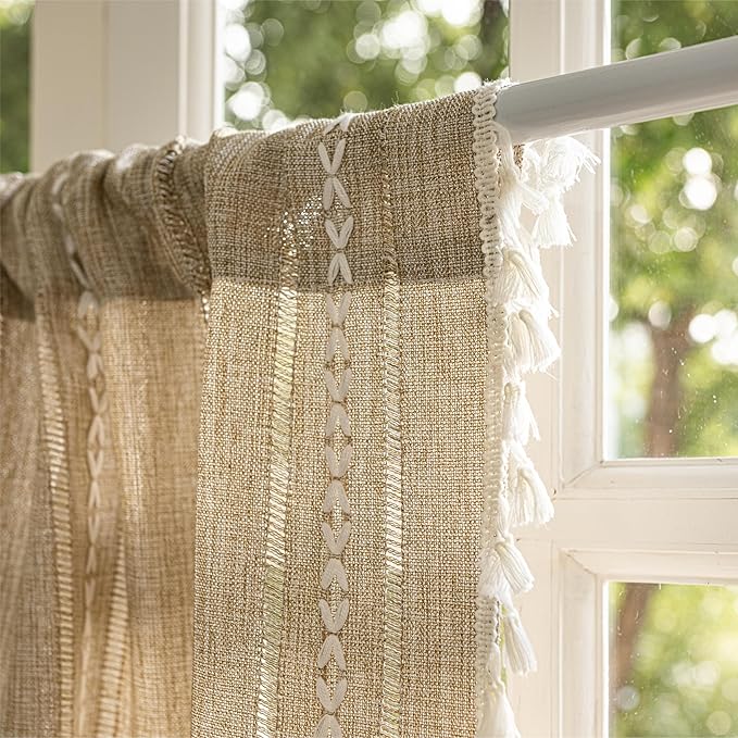 Sutuo Home Boho Curtains Valance Tier 36 inch for Cafe Kitchen Doorway Closet, Short Linen Farmhouse Chic Tassels Window Treatment Bohemian Embroidery Drape Rod Pocket 1 Panel 52" W x 36" L, Natural