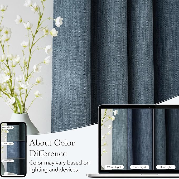 NICETOWN Faux Linen Mist Blue Blackout Curtains 84 inches Long for Living Room - Privacy Panels for Bedroom, Modern Farmhouse Style Easy Care Grommet Top, 2 Panels, W52 by L84