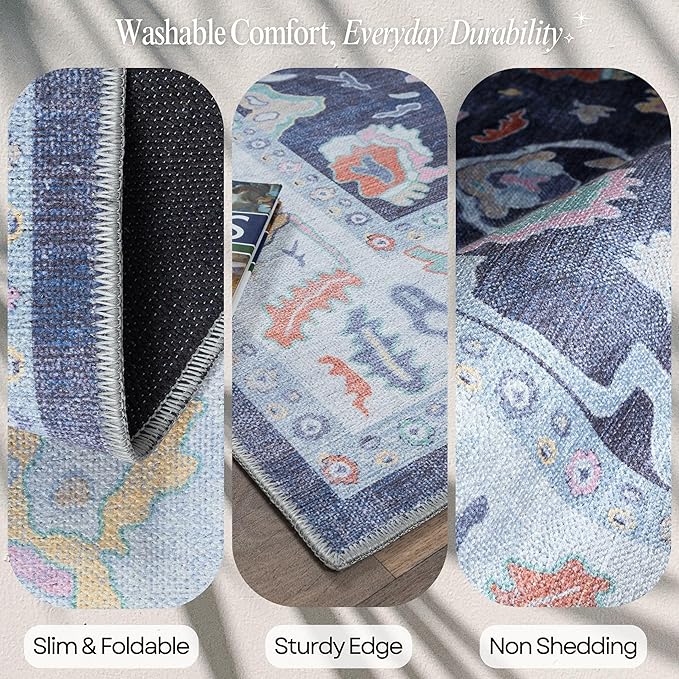 Fame Rugs Navy Blue Modern Oushak Rug 2'6"x10, Vintage Turkish Colorful Oriental Antique Inspired Foldable Long Washable Runner Rugs, Luxury Living Room Bedroom (388NB, 2'6" x 10')