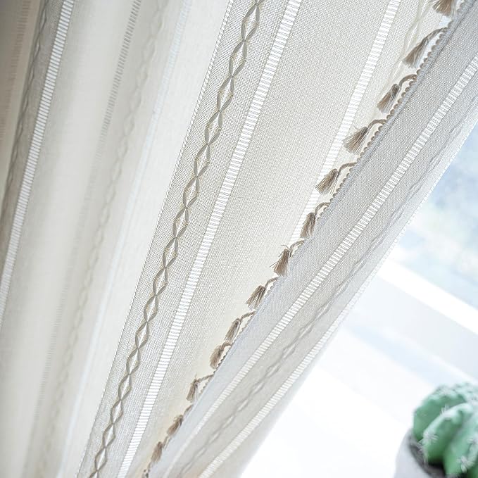 Sutuo Home Boho Curtain for Bedroom 96 Inches Long, Semi-Blackout Rustic Country Linen Embroidery Vintage Tassels Hollow Window Treatment Bohemian Drape, 1 Panel 52" W x 96" L, Ivory