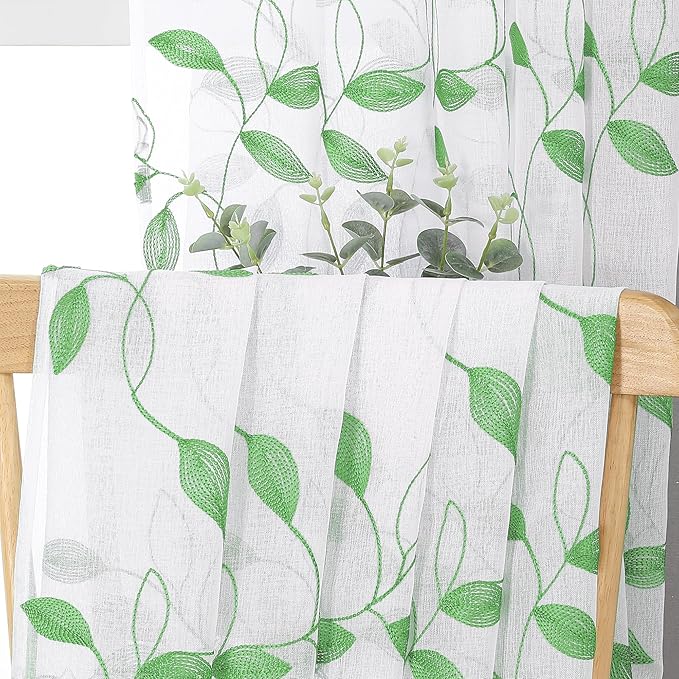 Tollpiz Green Leaf Sheer Curtain Leaves Embroidered Living Room Short Curtains Rod Pocket Voile Window Treatment for Bedroom, 54 x 54 inches Long, Set of 2 Panels