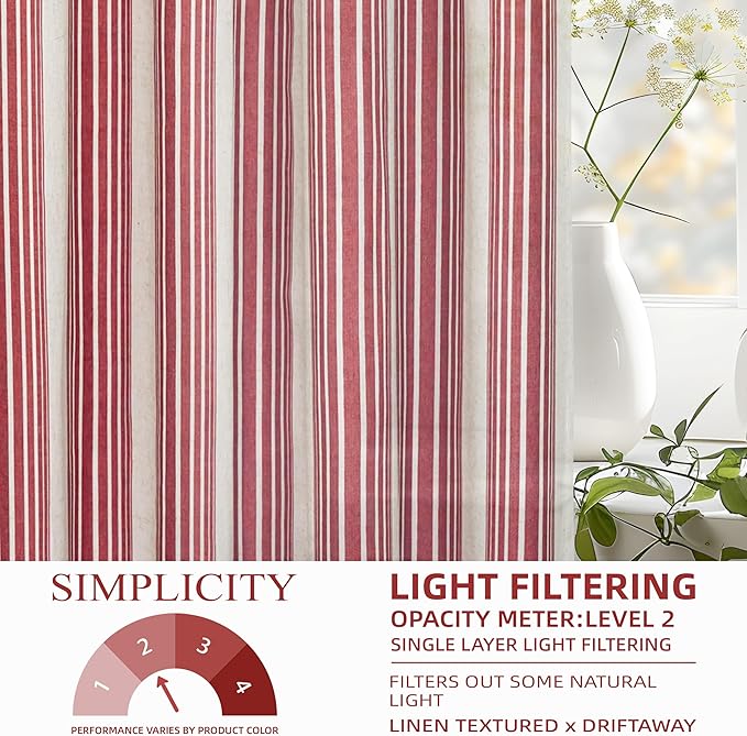 DriftAway Farmhouse Vertical Striped Linen Blend Textured Light Filtering Semi Sheer Curtains for Living Room Bedroom 63 Inches Long Drapes 2 Panels Broad Striped Red