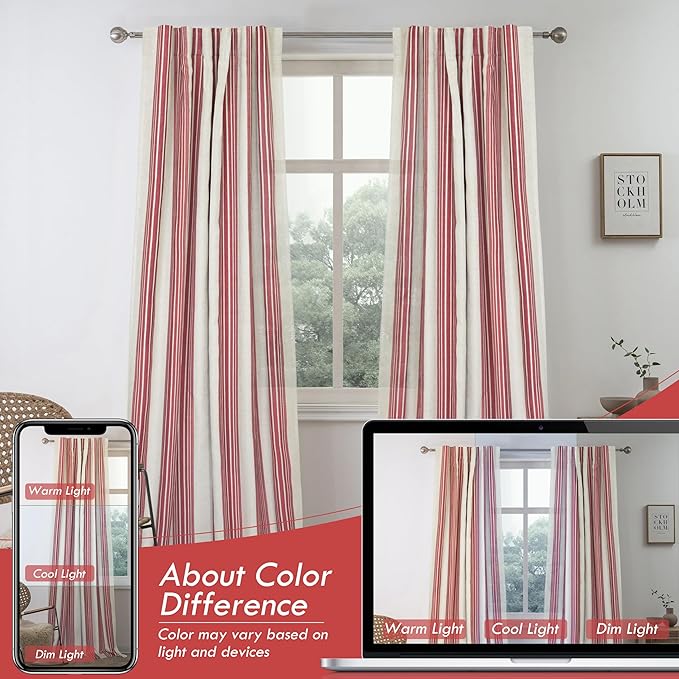 DriftAway Farmhouse Vertical Striped Linen Blend Textured Light Filtering Semi Sheer Curtains for Living Room Bedroom 96 Inches Long Drapes 2 Panels Broad Striped Linen Red