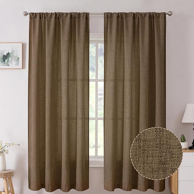 Tollpiz Short Linen Curtains Bedroom Rod Pocket Semi Sheer Curtain Burlap Light Filtering Thick Linen Drapes for Living Room, 38 x 45 inches Long, Brown, Set of 2 Panels